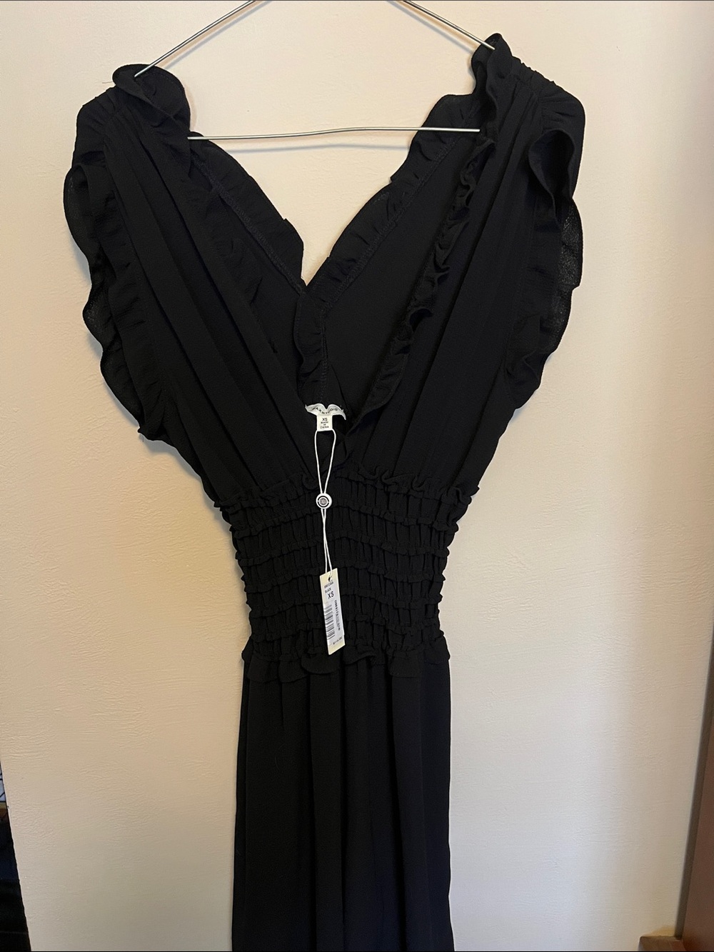 Max Studio Black Ruffle V-Neck Smocked Waist Maxi Dress